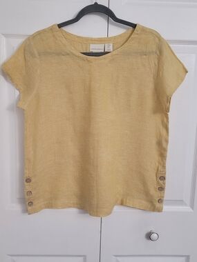 Cynthia Rowley Linen Short Sleeve Top in Mustard Yellow Medium Boho